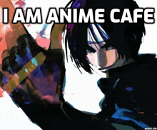 a painting of a man with the words i am anime cafe written above him