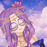 a girl with purple hair is wearing glasses and a starfish necklace