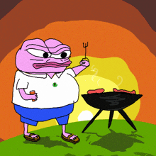 a cartoon of a man grilling hot dogs