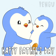 a happy father 's day card with penguins hugging each other