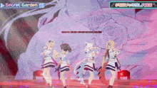 a group of anime girls are dancing in front of a sign that says secret garden on it
