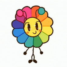a cartoon drawing of a rainbow flower with a face and arms and legs .
