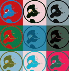 a collage of colorful circles with a person smoking a cigarette in the middle