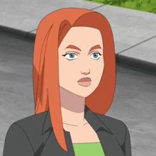 a cartoon woman with red hair and green eyes is standing on a sidewalk