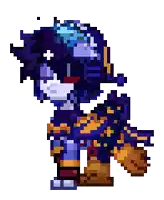 a pixel art drawing of a person in a purple and orange outfit