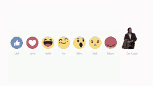 a man in a suit is standing in front of a row of smiley faces including one that says angry