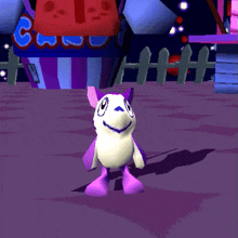 a purple and white cartoon character is standing in front of a carnival booth