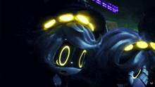 a couple of cartoon characters with glowing eyes and the letter v in the corner