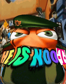 a cartoon character wearing a green hat with a cat on it says " he 's hookah "