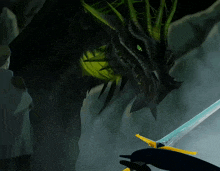 a person holding a sword in front of a dragon with green eyes