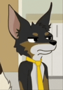 a cartoon fox wearing a yellow tie looks serious