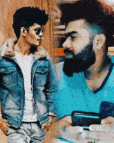 a man with a beard wearing sunglasses and a denim jacket