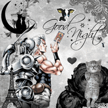 a picture of a man and a cat with the words good night written on it