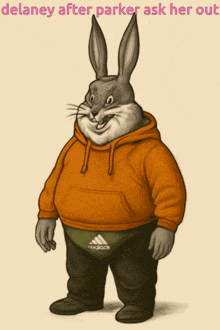 a cartoon of a bunny wearing an orange hoodie and black pants