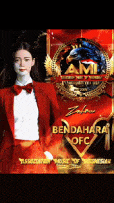 a woman in a red suit and bow tie stands in front of a logo for ami association music of indonesia