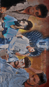 a group of young men are posing for a picture and one of them is holding a phone