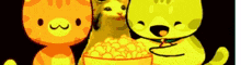 a cartoon of three cats standing next to each other eating popcorn .