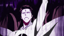 a purple and white anime character with a letter g on his chest