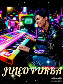a poster for juleo purba shows a man playing a colorful keyboard