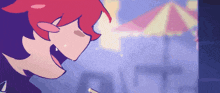 a cartoon character with red hair is looking at a ferris wheel