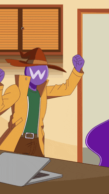 a cartoon of a man with a purple head with the letter w on it