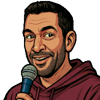 a man with a beard is holding a microphone in his hand