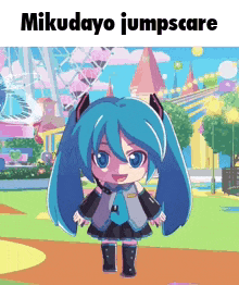 a cartoon of a girl with blue hair and the words mikudayo jumpscare