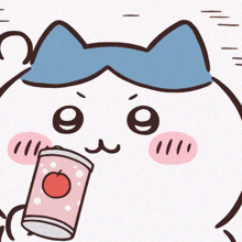 a cartoon cat with a blue bow on its head drinking from a cup