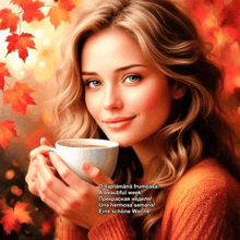 a painting of a woman holding a cup of coffee in her hands