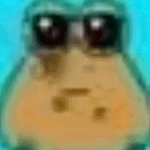 a close up of a cartoon character wearing sunglasses and a sad face .