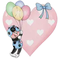 a ladybug holding balloons in front of a heart