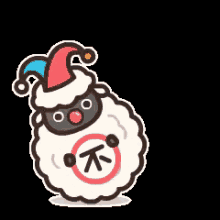 a cartoon sheep wearing a jester hat is standing on its hind legs .