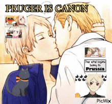 a picture of two men kissing with the caption " pruger is canon " on top