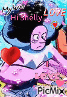 a picture of a cartoon character with the words hi shelly on it