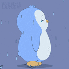 a penguin standing in the rain with the word penguin behind it