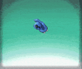 a blue cartoon character is floating in the air on a blue background