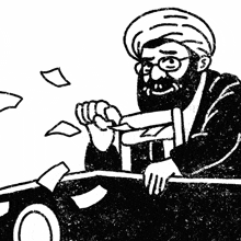 a black and white drawing of a man with a beard and glasses