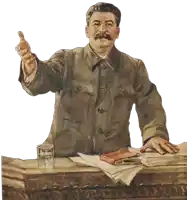 a painting of a man with a mustache giving a speech with a glass of water in front of him