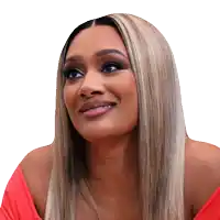 a woman with long blonde hair is wearing a red off the shoulder shirt