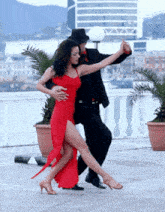a woman in a red dress is dancing with a man in a black suit and hat