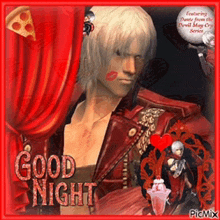 a picture of a man with a pizza slice in his hair and the words good night on the bottom