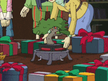 a cartoon of a woman kneeling next to a bonsai tree surrounded by presents