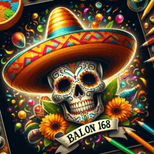 a day of the dead skull wearing a sombrero and flowers