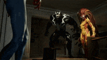 a man is standing in front of a bloody monster in a video game .