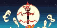 a cartoon character is surrounded by ghosts and flames