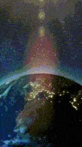 a pixelated image of the earth at night with the sun shining through the clouds