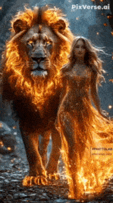 a woman in a fire dress is standing next to a lion that is on fire .
