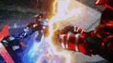 a person in a red suit is fighting another person
