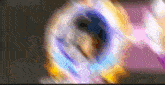 a blurred image of a person 's face with a purple and yellow background