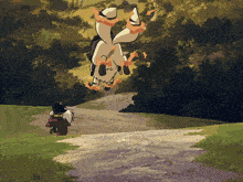a cartoon drawing of a person riding a horse down a path